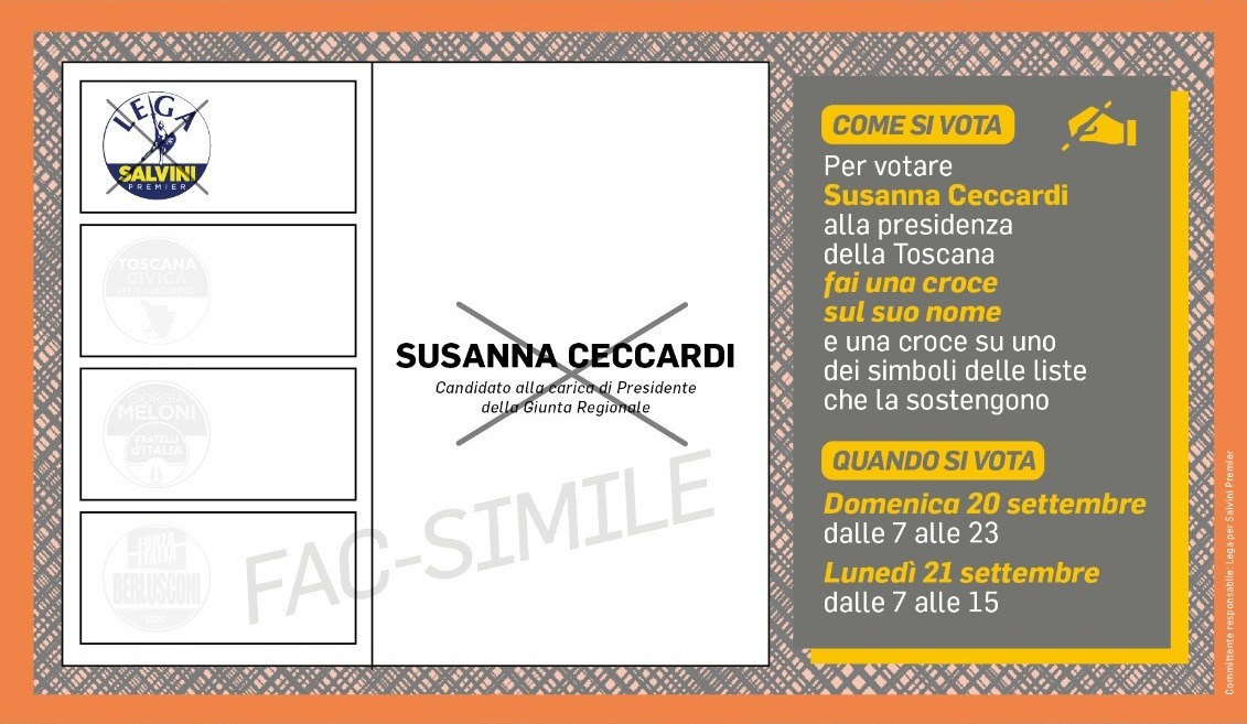 Per votare Susanna Ceccardi alla presidenza della Toscana fai una croce sul suo nome e una croce sul simbolo della LEGA! #CECCARDIPRESIDENTE Per votare Susanna Ceccardi alla presidenza della Toscana fai una croce sul suo nome e una croce sul simbolo della LEGA! #CECCARDIPRESIDENTE