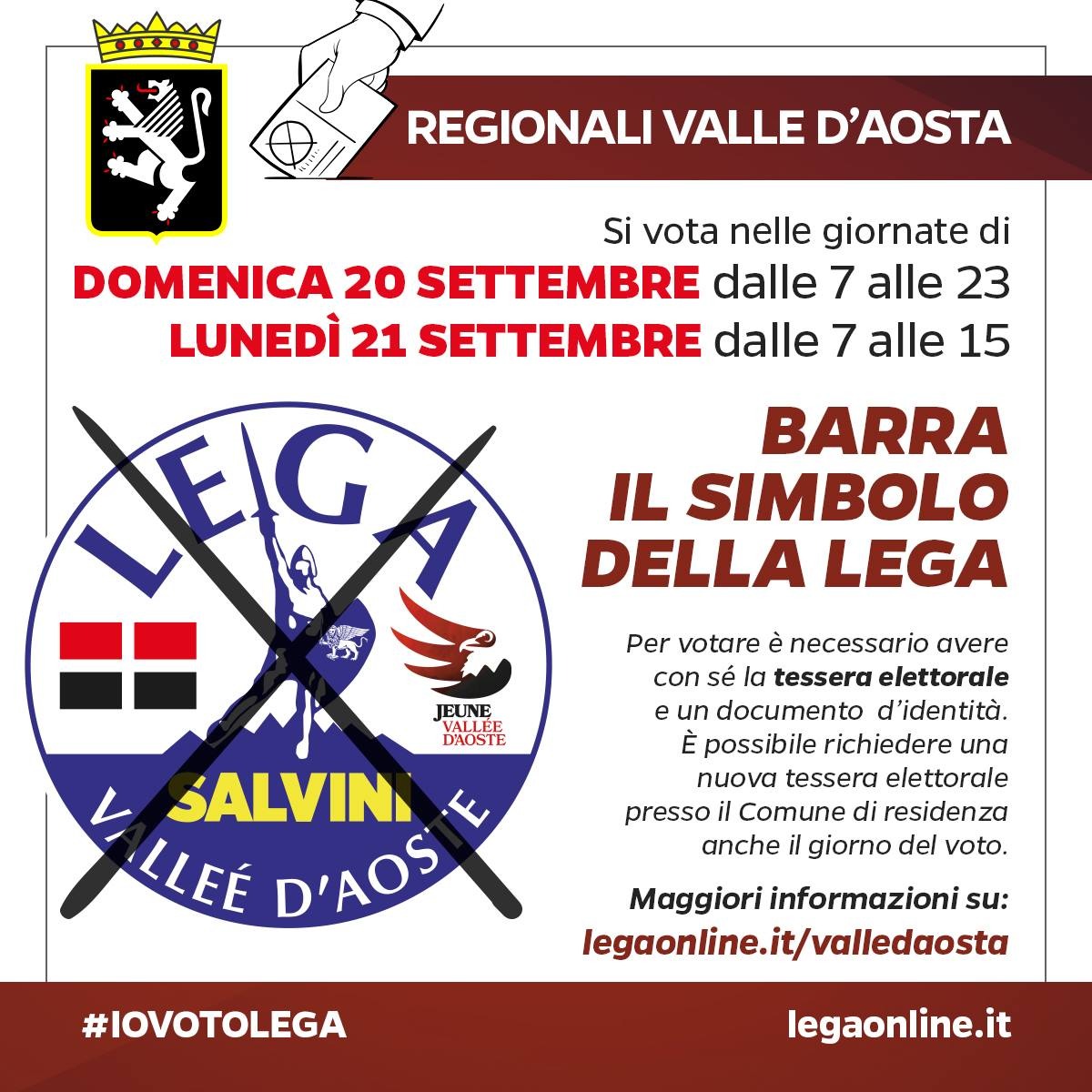 Domenica 20 settembre dalle 7 alle 23 e lunedì 21 settembre dalle 7 alle 15 VOTA LEGA! #IOVOTOLEGA Domenica 20 settembre dalle 7 alle 23 e lunedì 21 settembre dalle 7 alle 15 VOTA LEGA! #IOVOTOLEGA