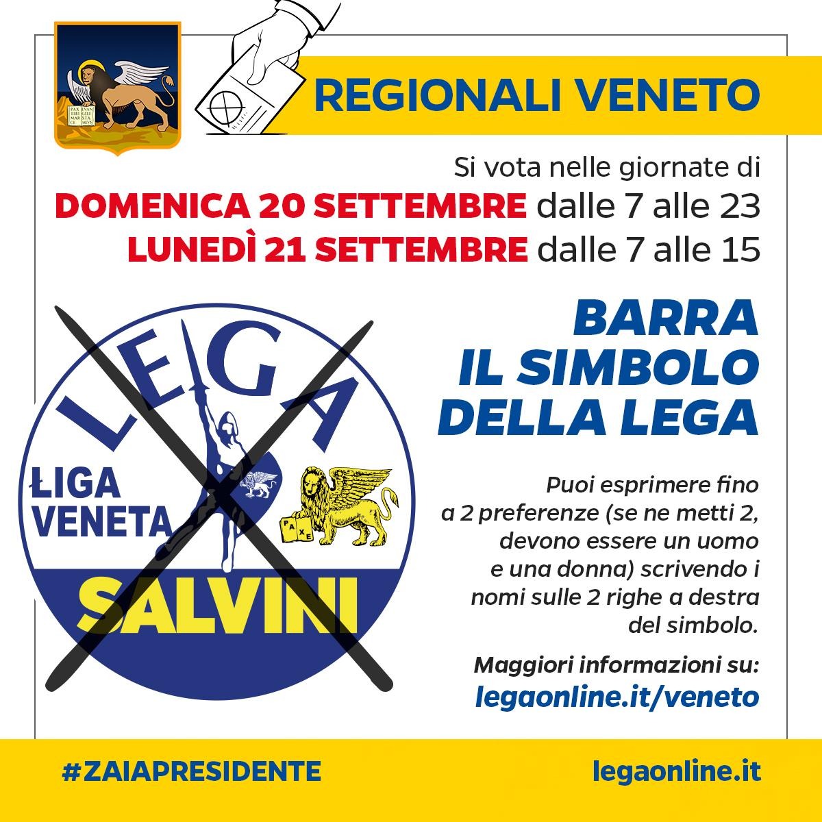 Domenica 20 settembre dalle 7 alle 23 e lunedì 21 settembre dalle 7 alle 15 VOTA LEGA! #ZAIAPRESIDENTE Domenica 20 settembre dalle 7 alle 23 e lunedì 21 settembre dalle 7 alle 15 VOTA LEGA! #ZAIAPRESIDENTE