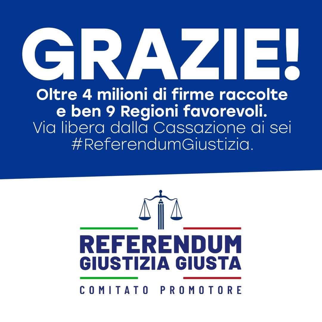 REFERENDUM GIUSTIZIA GIUSTA. GRAZIE! Oltre 4 milioni di firme raccolte e ben 9 Regioni favorevoli. Via libera dalla Cassazione ai sei #ReferendumGiustizia REFERENDUM GIUSTIZIA GIUSTA. GRAZIE! Oltre 4 milioni di firme raccolte e ben 9 Regioni favorevoli. Via libera dalla Cassazione ai sei #ReferendumGiustizia