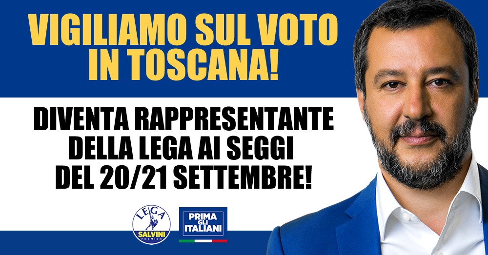 DAI UNA MANO A VIGILARE SUL VOTO! Diventa rappresentante di lista per la Lega ai seggi del 20 e 21 settembre! Compila il form di questa pagina e inviacelo subito! DAI UNA MANO A VIGILARE SUL VOTO! Diventa rappresentante di lista per la Lega ai seggi del 20 e 21 settembre! Compila il form di questa pagina e inviacelo subito!